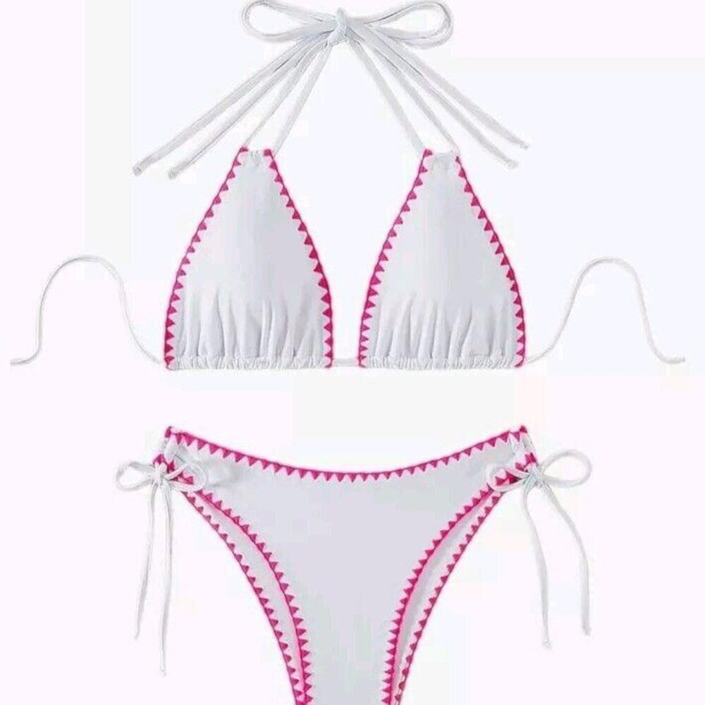 🐰Women's Contrast Trim Halter Triangular Top Tie Hipster Bikini Thong